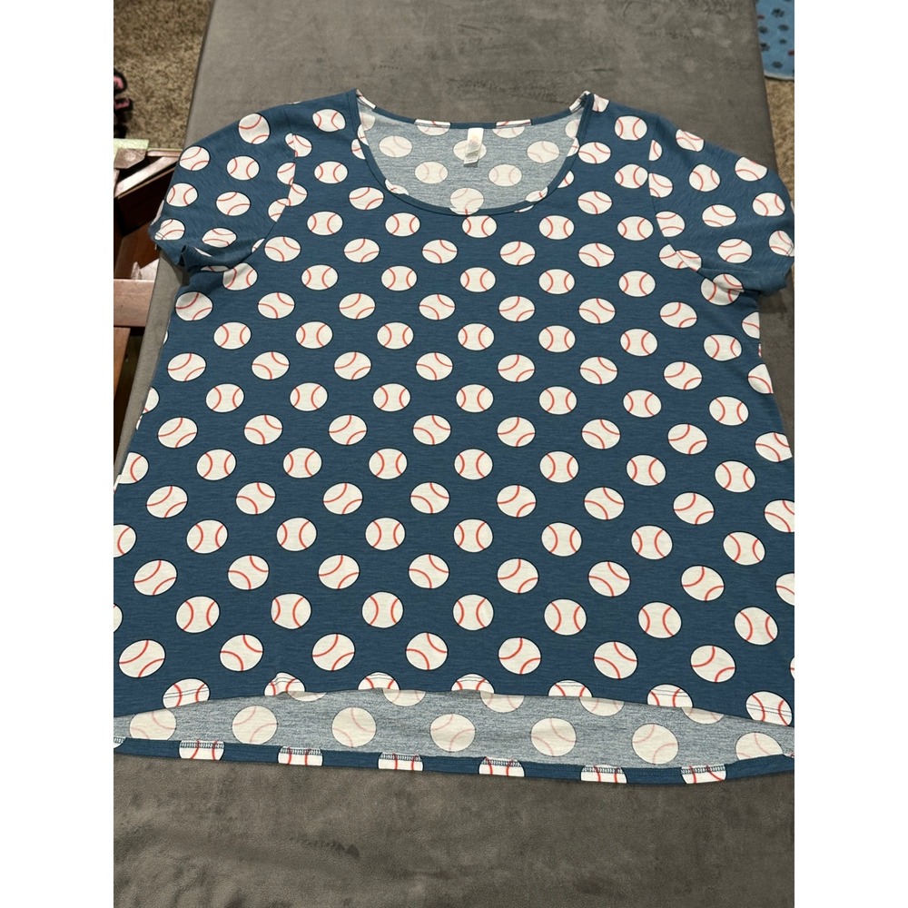 LuLaRoe Classic T Baseball Print Top Blue Short Sleeve High Low Hem 3XL